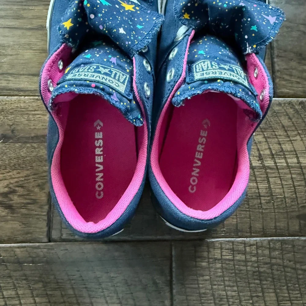 Converse All Star Girls Shoes Navy Blue Pink Star Print‎ Lace Up Sneakers Sz 5